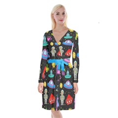 Seamless Pattern With Space Objects Ufo Rockets Aliens Hand Drawn Elements Space Long Sleeve Velvet Front Wrap Dress by Hannah976