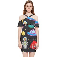 Seamless Pattern With Space Objects Ufo Rockets Aliens Hand Drawn Elements Space Shoulder Frill Bodycon Summer Dress by Hannah976