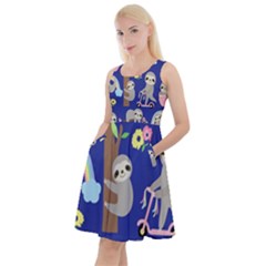 Hand Drawn Cute Sloth Pattern Background Knee Length Skater Dress With Pockets by Hannah976