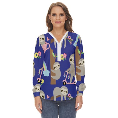 Hand Drawn Cute Sloth Pattern Background Zip Up Long Sleeve Blouse by Hannah976