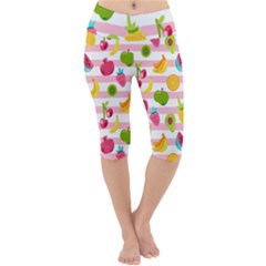 Tropical Fruits Berries Seamless Pattern Lightweight Velour Cropped Yoga Leggings by Ravend