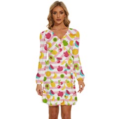 Tropical Fruits Berries Seamless Pattern Long Sleeve Waist Tie Ruffle Velvet Dress