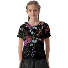 Embroidery Trend Floral Pattern Small Branches Herb Rose Kids  Frill Chiffon Blouse by Apen