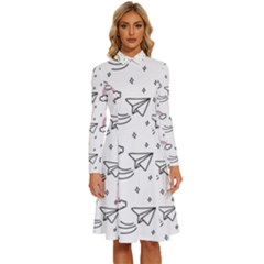 Abstract Classic Blue Background Long Sleeve Shirt Collar A-line Dress by Apen