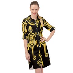 Mexican Culture Golden Tribal Icons Long Sleeve Mini Shirt Dress by Apen