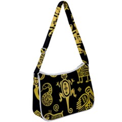 Mexican Culture Golden Tribal Icons Zip Up Shoulder Bag by Apen