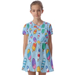 Cute Kawaii Ice Cream Seamless Pattern Kids  Short Sleeve Pinafore Style Dress by Apen