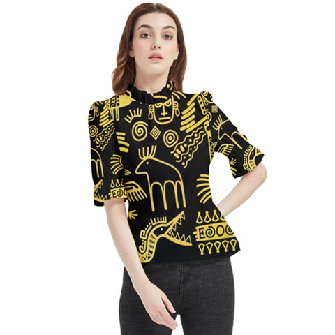 Golden Indian Traditional Signs Symbols Frill Neck Blouse by Apen