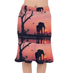 Elephant Landscape Tree Africa Sunset Safari Wild Short Mermaid Skirt
