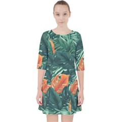 Green Tropical Leaves Quarter Sleeve Pocket Dress