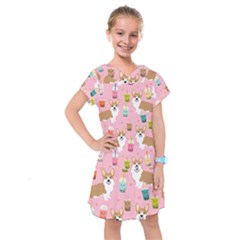 Corgi Bubble Boba Tea Pink Pattern Kids  Drop Waist Dress by Cendanart