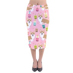 Corgi Bubble Boba Tea Pink Pattern Velvet Midi Pencil Skirt