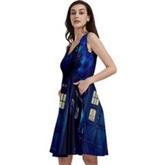 Tardis Doctor Who Space Galaxy Sleeveless V-neck Skater Dress With Pockets by Cendanart