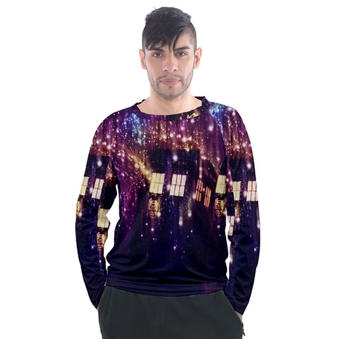 Tardis Regeneration Art Doctor Who Paint Purple Sci Fi Space Star Time Machine Men s Long Sleeve Raglan T-shirt by Cendanart