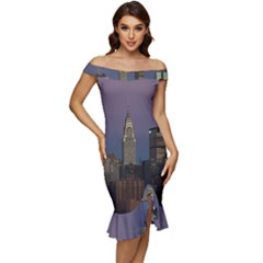 Skyline City Manhattan New York Off Shoulder Ruffle Split Hem Bodycon Dress by Ket1n9