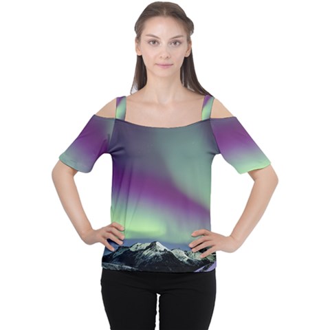 Aurora Stars Sky Mountains Snow Aurora Borealis Cutout Shoulder T-shirt by Ket1n9