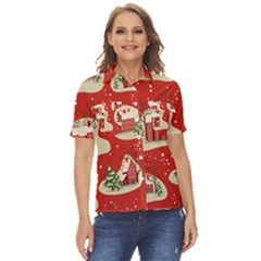Christmas New Year Seamless Pattern Women s Short Sleeve Double Pocket Shirt