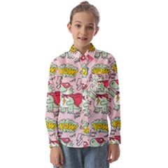 Seamless Pattern With Many Funny Cute Superhero Dinosaurs T-rex Mask Cloak With Comics Style Inscrip Kids  Long Sleeve Shirt by Ket1n9
