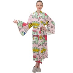 Seamless Pattern With Many Funny Cute Superhero Dinosaurs T-rex Mask Cloak With Comics Style Inscrip Maxi Velvet Kimono by Ket1n9