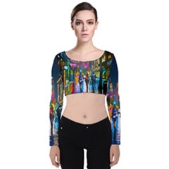 Abstract Vibrant Colour Cityscape Velvet Long Sleeve Crop Top by Ket1n9