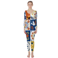 Mexican Talavera Pattern Ceramic Tiles With Flower Leaves Bird Ornaments Traditional Majolica Style Long Sleeve Catsuit by Ket1n9