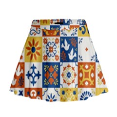 Mexican Talavera Pattern Ceramic Tiles With Flower Leaves Bird Ornaments Traditional Majolica Style Mini Flare Skirt by Ket1n9