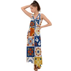 Mexican Talavera Pattern Ceramic Tiles With Flower Leaves Bird Ornaments Traditional Majolica Style V-neck Chiffon Maxi Dress by Ket1n9