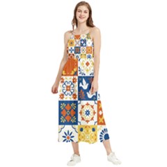 Mexican Talavera Pattern Ceramic Tiles With Flower Leaves Bird Ornaments Traditional Majolica Style Boho Sleeveless Summer Dress by Ket1n9