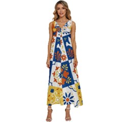 Mexican Talavera Pattern Ceramic Tiles With Flower Leaves Bird Ornaments Traditional Majolica Style V-neck Sleeveless Loose Fit Overalls by Ket1n9