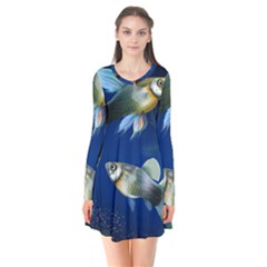 Marine Fishes Long Sleeve V-neck Flare Dress