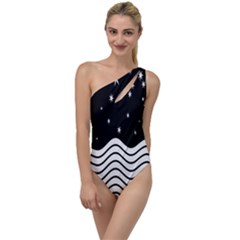 Black And White Waves And Stars Abstract Backdrop Clipart To One Side Swimsuit by Hannah976