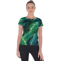 Tropical Green Leaves Background Short Sleeve Sports Top  by Hannah976