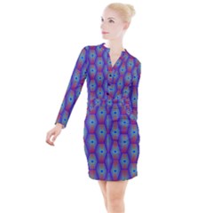 Red Blue Bee Hive Pattern Button Long Sleeve Dress by Hannah976
