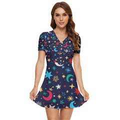 Colorful Background Moons Stars V-neck High Waist Chiffon Mini Dress by Ndabl3x