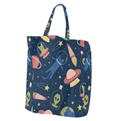 Seamless Pattern With Funny Alien Cat Galaxy Giant Grocery Tote by Ndabl3x