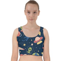 Seamless Pattern With Funny Alien Cat Galaxy Velvet Racer Back Crop Top by Ndabl3x