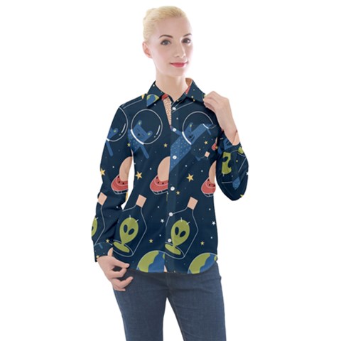 Seamless Pattern With Funny Alien Cat Galaxy Women s Long Sleeve Pocket Shirt by Ndabl3x