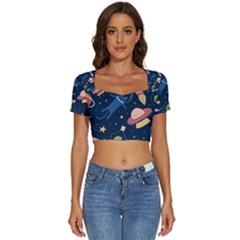 Seamless Pattern With Funny Alien Cat Galaxy Short Sleeve Square Neckline Crop Top  by Ndabl3x