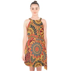 Bright Seamless Pattern With Paisley Mehndi Elements Hand Drawn Wallpaper With Floral Traditional In Halter Collar Waist Tie Chiffon Dress