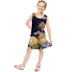 Embroidery Blossoming Lemons Butterfly Seamless Pattern Kids  Tunic Dress by Ket1n9
