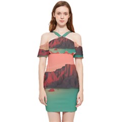 Brown Mountain Illustration Sunset Digital Art Mountains Shoulder Frill Bodycon Summer Dress by Cendanart