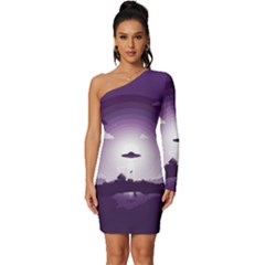 Ufo Illustration Style Minimalism Silhouette Long Sleeve One Shoulder Mini Dress by Cendanart