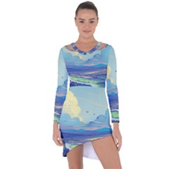 Mountains And Trees Illustration Painting Clouds Sky Landscape Asymmetric Cut-out Shift Dress by Cendanart