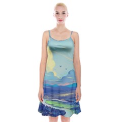 Mountains And Trees Illustration Painting Clouds Sky Landscape Spaghetti Strap Velvet Dress