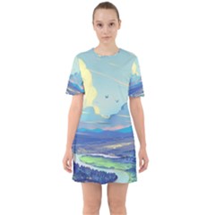 Mountains And Trees Illustration Painting Clouds Sky Landscape Sixties Short Sleeve Mini Dress by Cendanart