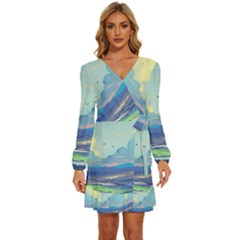 Mountains And Trees Illustration Painting Clouds Sky Landscape Long Sleeve Waist Tie Ruffle Velvet Dress by Cendanart