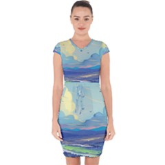 Mountains And Trees Illustration Painting Clouds Sky Landscape Capsleeve Drawstring Dress  by Cendanart