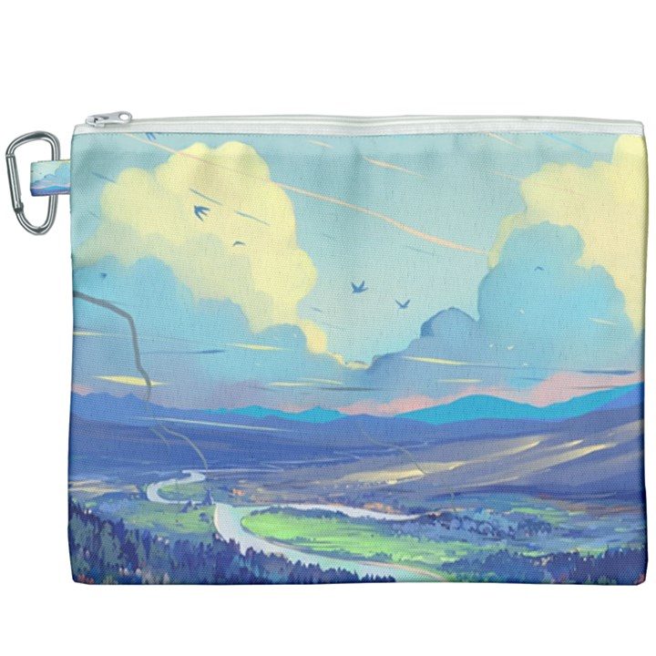 Mountains And Trees Illustration Painting Clouds Sky Landscape Canvas Cosmetic Bag (XXXL)