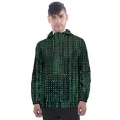 Green Matrix Code Illustration Digital Art Portrait Display Men s Front Pocket Pullover Windbreaker by Cendanart