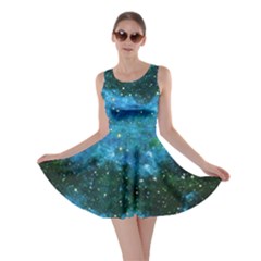 Space Mint Blue Royal Blue Fun Night Sky The Moon And Stars Skater Dress by CoolDesigns